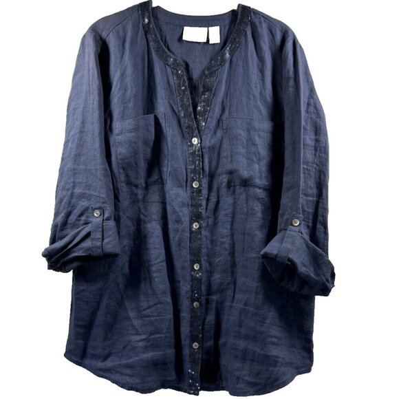 Chicos Women's Linen Top Large Navy Blue Roll Tab Long Sleeves Sequin Button Up - Picture 1 of 8